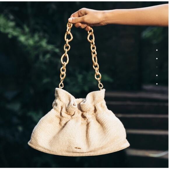 Cult Gaia Bara Shoulder Bag Cream Raffia Ruched Gold Chain Purse - Picture 3 of 16